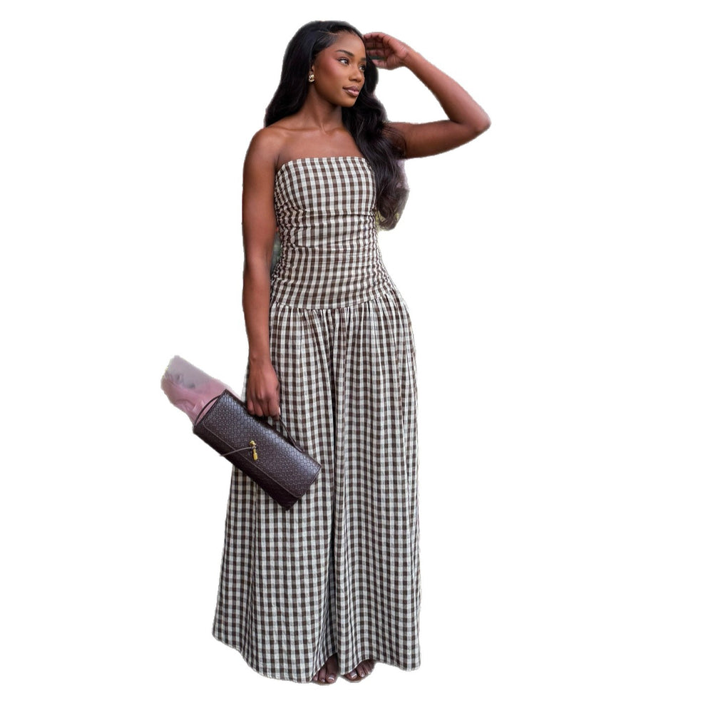 European and american cross-border women's clothing:  summer new arrival - elegant retro plaid bandeau high-waisted vacation-style maxi dress