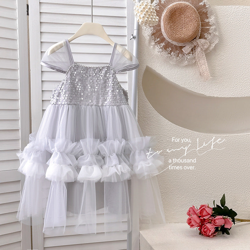 Girls' princess dress  mesh cake dress high-end grey birthday heavily embellished gown sequin dress