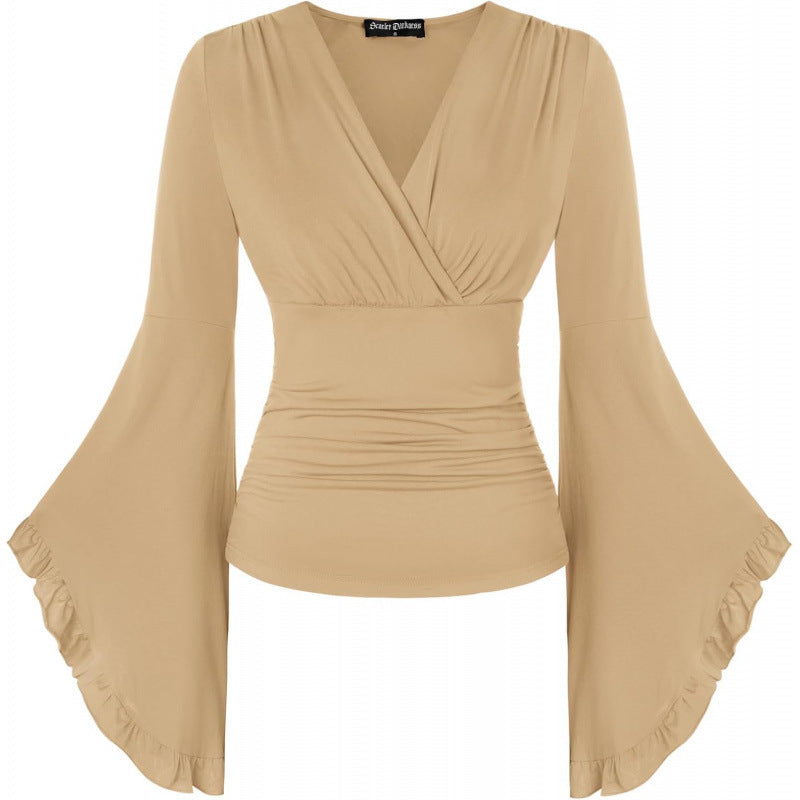 Amazon fashion pure desire v neck bell sleeve shirt  spring new style wrapped casual ruffle tops