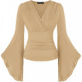 Amazon fashion pure desire v neck bell sleeve shirt  spring new style wrapped casual ruffle tops