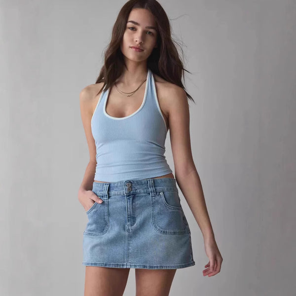 European and American   double button high waist slim fit fashion denim skirt women's denim skirt