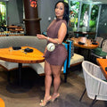 Fashion style cross-border sense of design women's pure color pleated silm hip skirt round neck fashion asymmetrical short dress