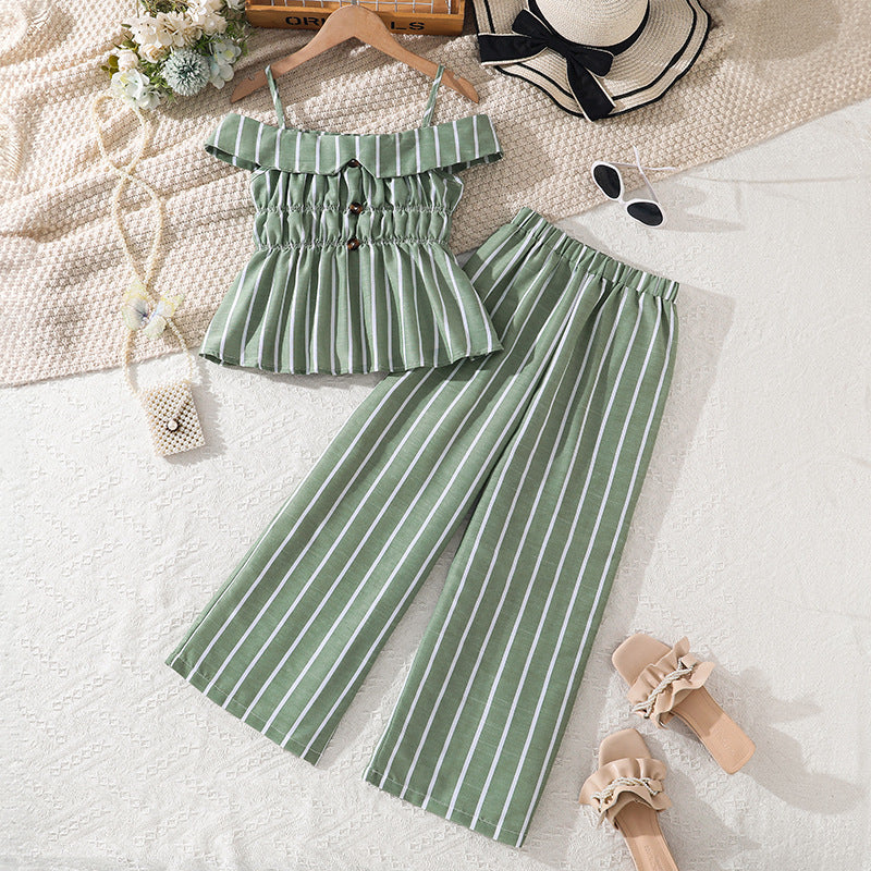 Girls' outfit  summer new arrival: striped two-piece set - tank top & wide-leg pants, european & american fashion style