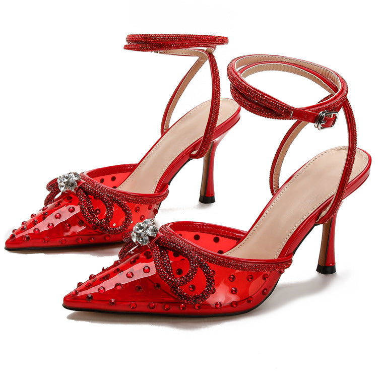 Huizhou new arrival rhinestone transparent high-heeled sandals women's stiletto pointed toe fashion high-heeled shoes one-piece belt toe export