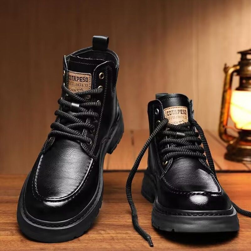 2025 men's genuine leather sheepskin winter warm fleece-lined thickened high-top mid-aged and elderly martin boots snow boots