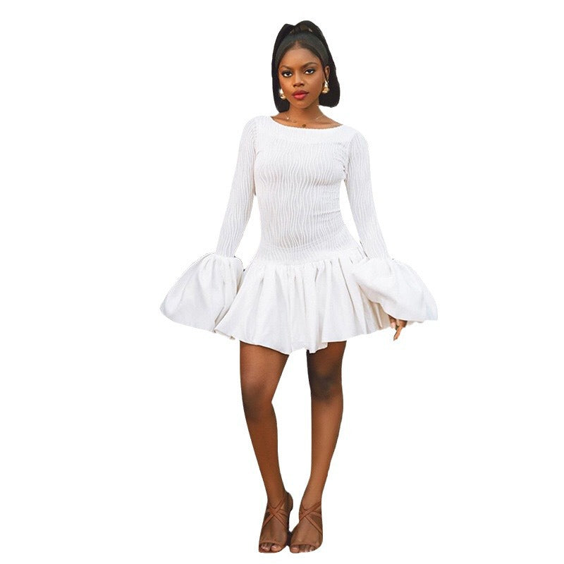 European and american cross-border chic women's clothing:  autumn new arrival - solid color crew neck flared long sleeve slim fit pleated dress