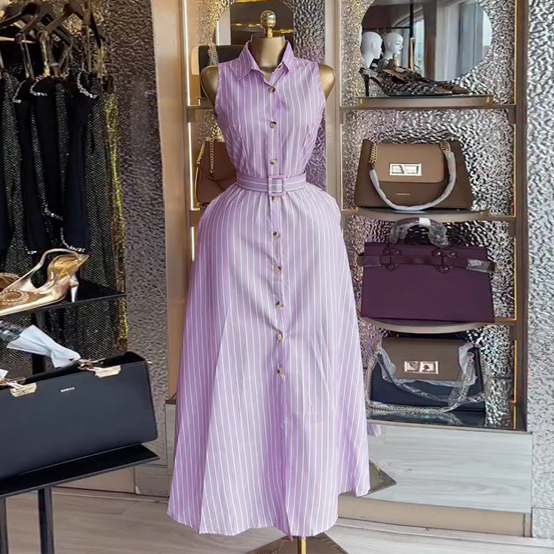 European and american style women's  autumn new collection: sweet and fresh striped turn-down collar sleeveless high-waisted slimming cardigan maxi dress