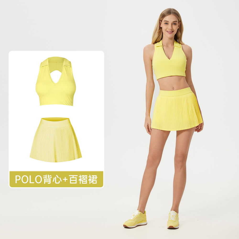 Polo collar sports bra women's quick-dry breathable fitness tennis pleated skirt professional training yoga outfit set