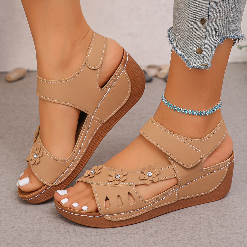 export plus size wedge heel women's sandals summer new hollow-out one-strap sandals beach thick-soled floral sandals