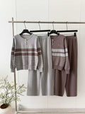 export autumn/winter new round neck color block striped long sleeve knitted cardigan wide leg pants sweater two-piece set for women