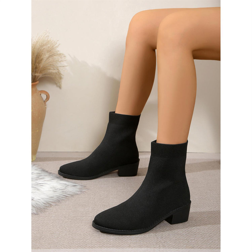 fall/winter new arrival: plus size knit boots for export - breathable knit stretch boots, pointed toe square heel slip-on ankle boots for women