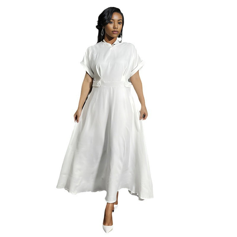 supply pure colorv neck waist large swing a-line long skirt plain fashion european and american women's clothing