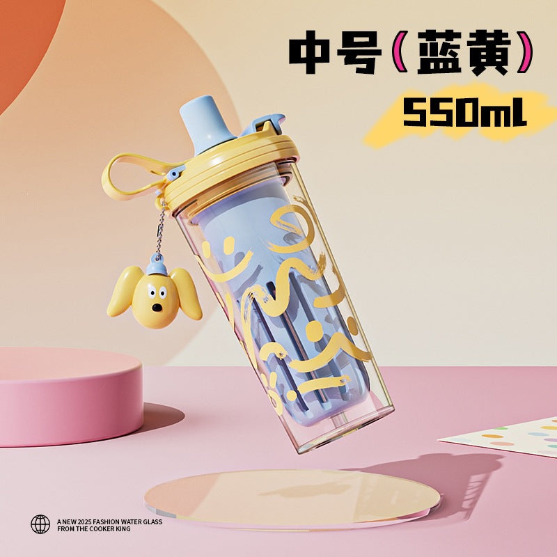 High-style summer double-walled water bottle, large capacity cartoon plastic straw cup, student and children's insulated water bottle with tea infuser, wholesale