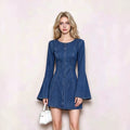 new arrivalfashion high-quality waist slimming looklong sleeves bell sleeves denim dresssummernew arrival