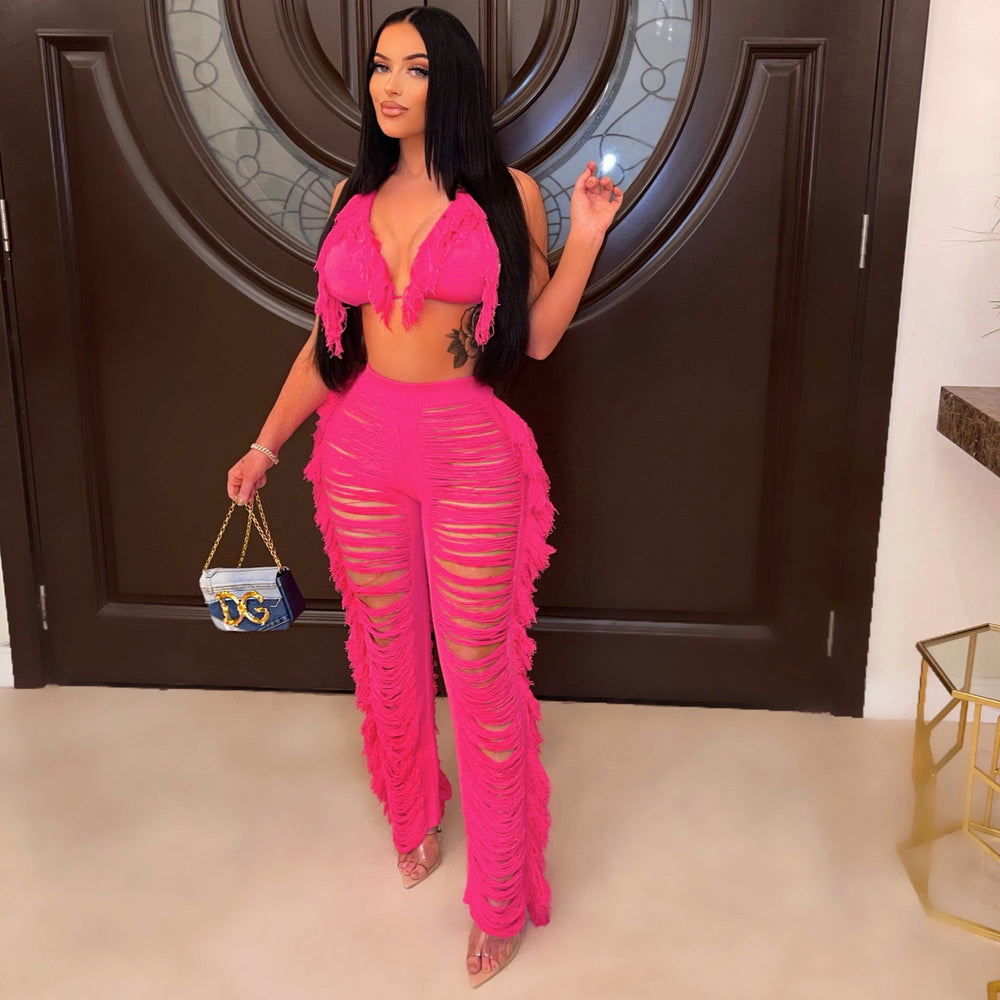 Source factory  summer new european and american style sexy tassel knit pant set