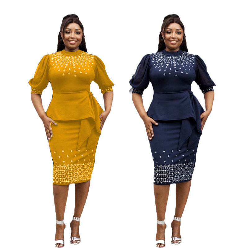 supply of african women's clothing, waist bag, hip, fake two-piece lantern sleeves, mid-sleeve dress, hot diamond beads, classy