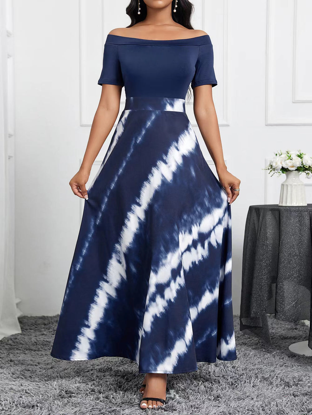 European and american cross-border chic women's clothing:  summer new one-shoulder blue and white twill print fashion dress