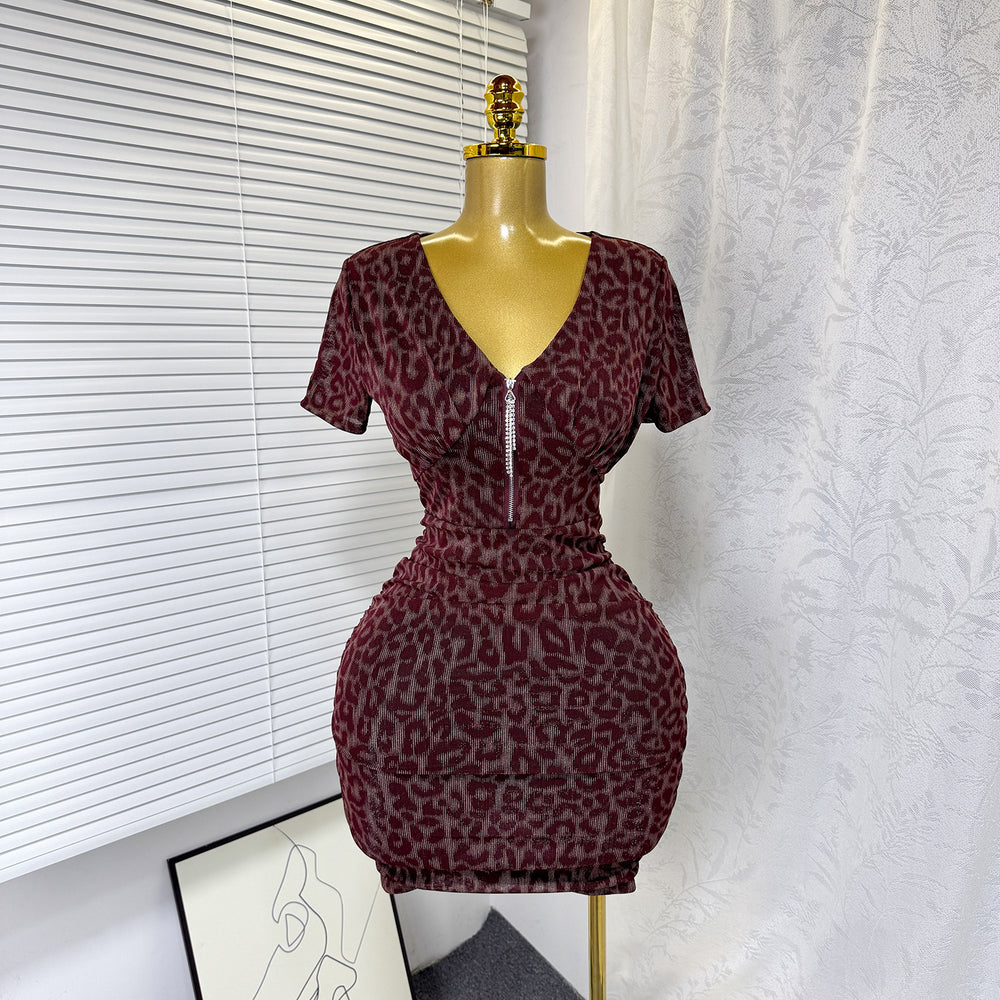 Exportsummernew arrivalsexy silmv neck zipper elastic mesh dress leopard print printing hip skirt for women