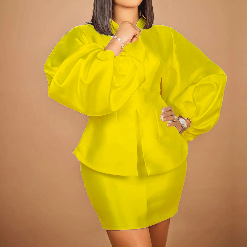 D3091  spring/summer new arrival: -style chic commute outfit - bubble sleeve top & bodycon midi skirt set (european & american style)