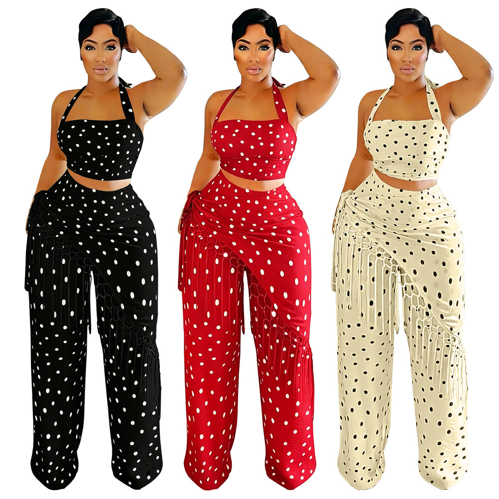 C7695 cross-border   fashion women's casual thin tassel polka dot wide-leg pants set