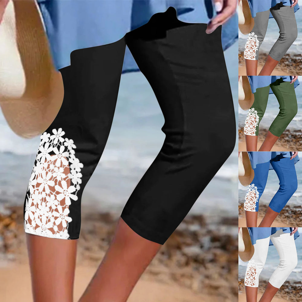 cross-border women's summer solid color lace trim casual leggings yoga pants - can be worn as capri pants