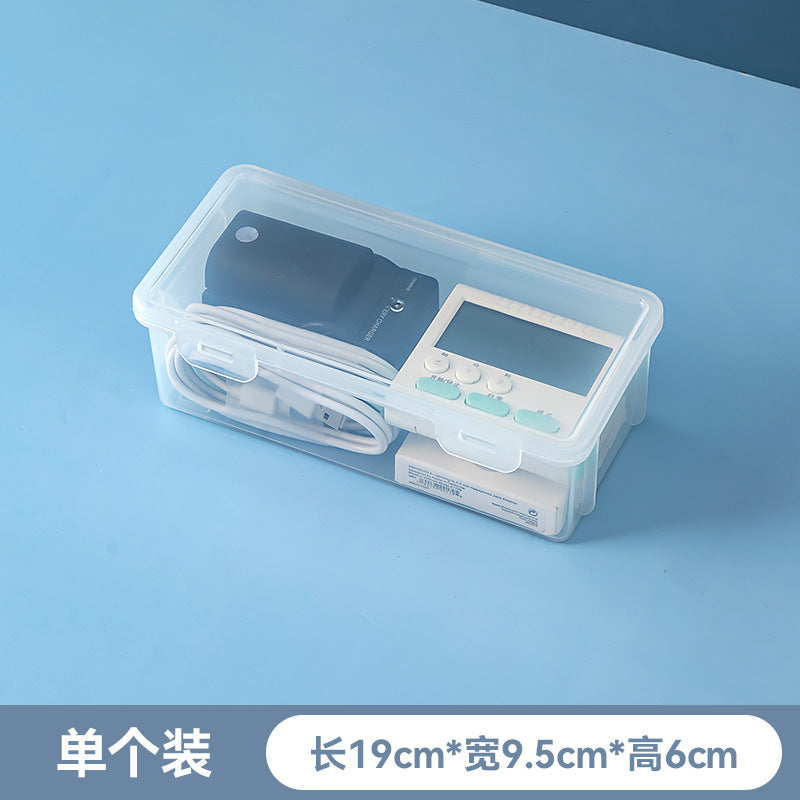 Desktop multi-functional sundries storage box, transparent plastic with cover, stackable accessories, earphone data cable storage box
