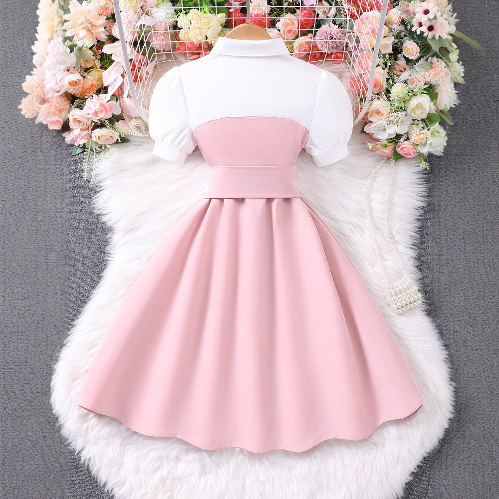 Children's short-sleeved lapel button patchworkcontrast colordress