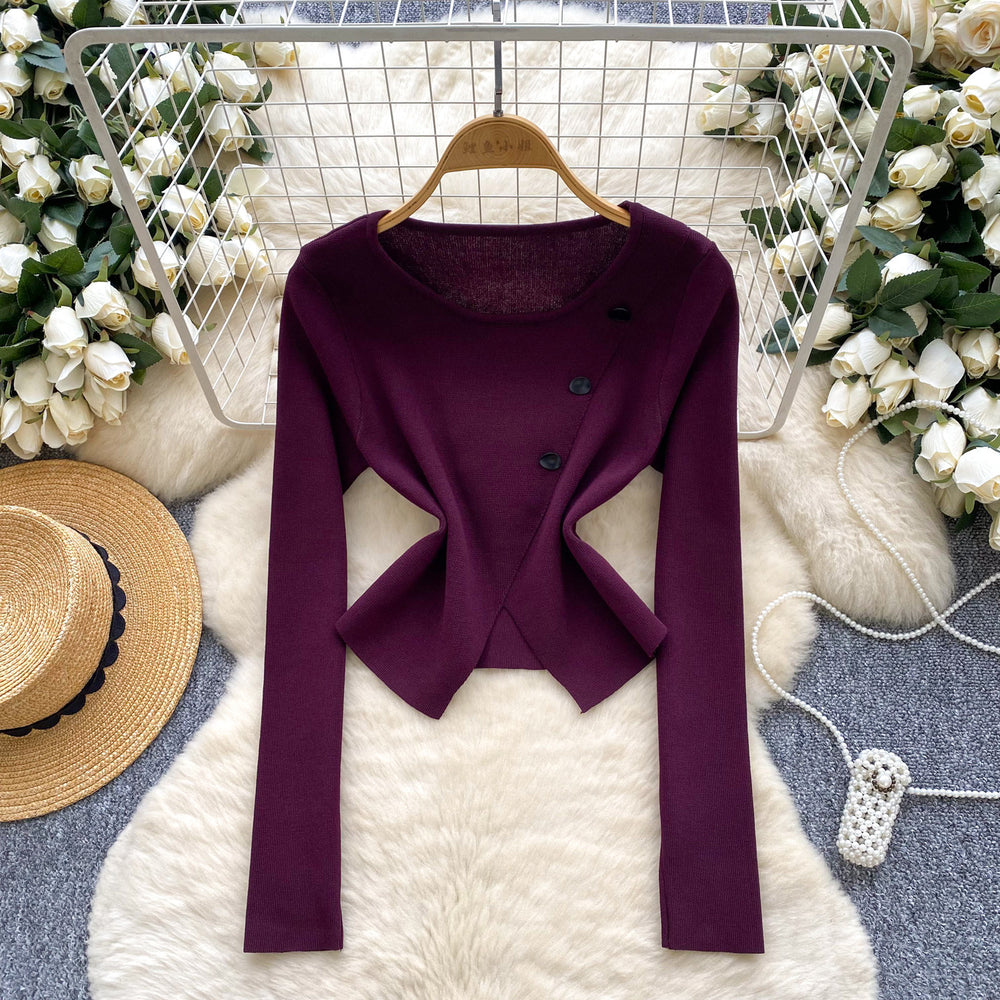 Long sleevesknitting shirt for women autumnew arrivalsense of designniche style slit button round neck long sleevesilm bottom shirt