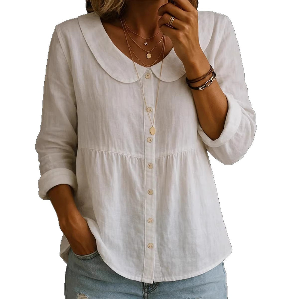 summer new european and american style pan collar linen cotton solid color shirt - women's loose fit, slimming, long sleeve, casual and versatile top
