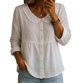 summer new european and american style pan collar linen cotton solid color shirt - women's loose fit, slimming, long sleeve, casual and versatile top