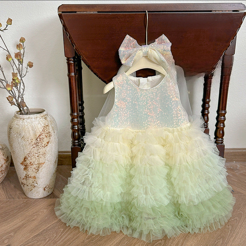 summer girls' gradient soft tulle skirt sequin dress princess chic lace cake skirt wholesale