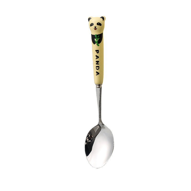 Cartoon stainless steel cutlery set: cute kids' forks with stylish ceramic handles, exquisite dessert spoons, and serving spoons