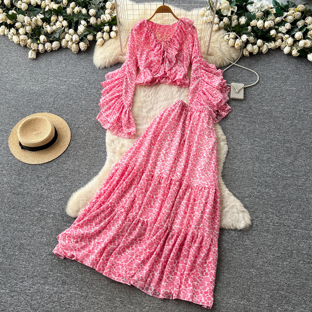 French riviera style pink ruffle flare sleeve v-neck blouse and high-waisted tiered skirt two-piece set - women's spring slimming outfit