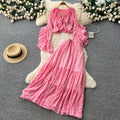 French riviera style pink ruffle flare sleeve v-neck blouse and high-waisted tiered skirt two-piece set - women's spring slimming outfit