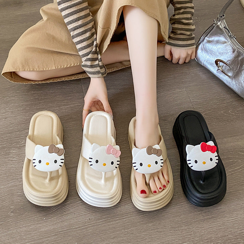 Cute hello kitty flip-flops for women, new thick-soled platform wedge sandals, women's summer slippers, height-increasing shoes