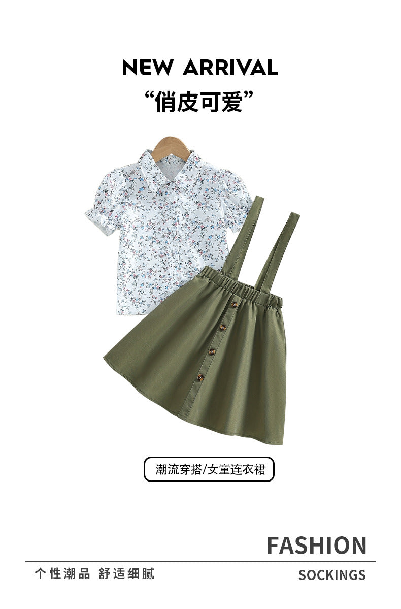 girl's suspender shirt skirt small flower pattern vest shoulder military green skirt kidstwo-piece set skirt