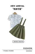 girl's suspender shirt skirt small flower pattern vest shoulder military green skirt kidstwo-piece set skirt