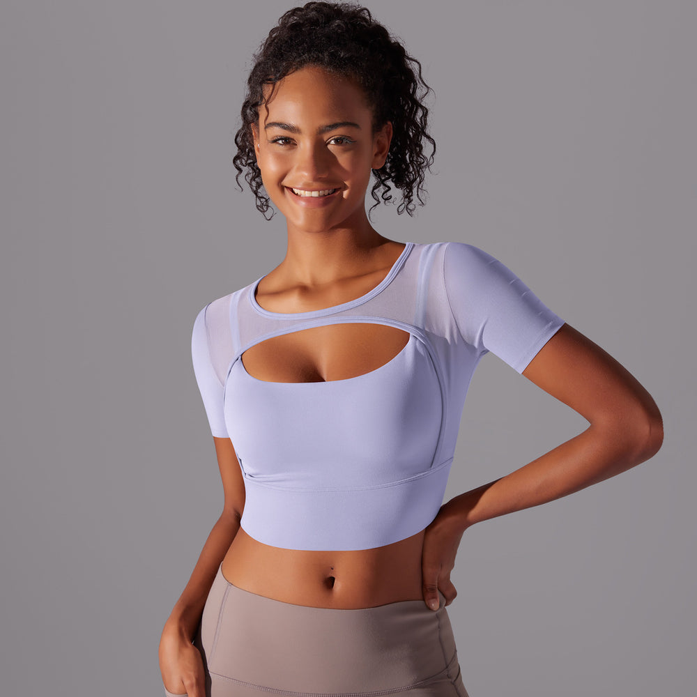 New arrival nude mesh cut out short-sleeved fake two-piece yoga top all-in-one coaster bubble wrap push-up fitness beautiful back