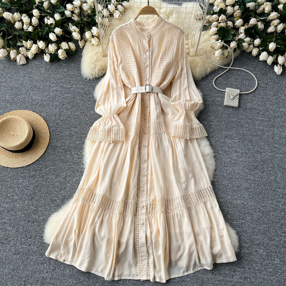 French court retroelegancedress women's stand collar bell sleeves waist single breasted lacepatchwork large swing long skirt