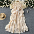 French court retroelegancedress women's stand collar bell sleeves waist single breasted lacepatchwork large swing long skirt