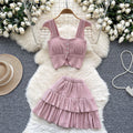 Summer outfit set for petite women: gentle style square neck cami top with flutter sleeves and ruffle mini skirt