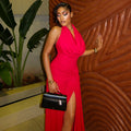 Fashion style cross-border women's pure color slit elegant halter neck hip skirt swing collar backless sleeveless pleated long dress