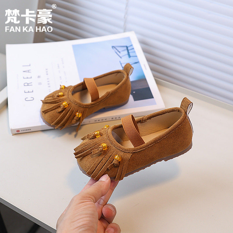 Vancahao girls' slip-on soft sole flats -  autumn new korean style kids' loafers with tassel leather shoes
