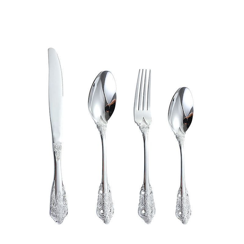 Island Qi stainless steel knife and fork spoon court retro relief steak knife and fork creative western tableware gift box four-piece set