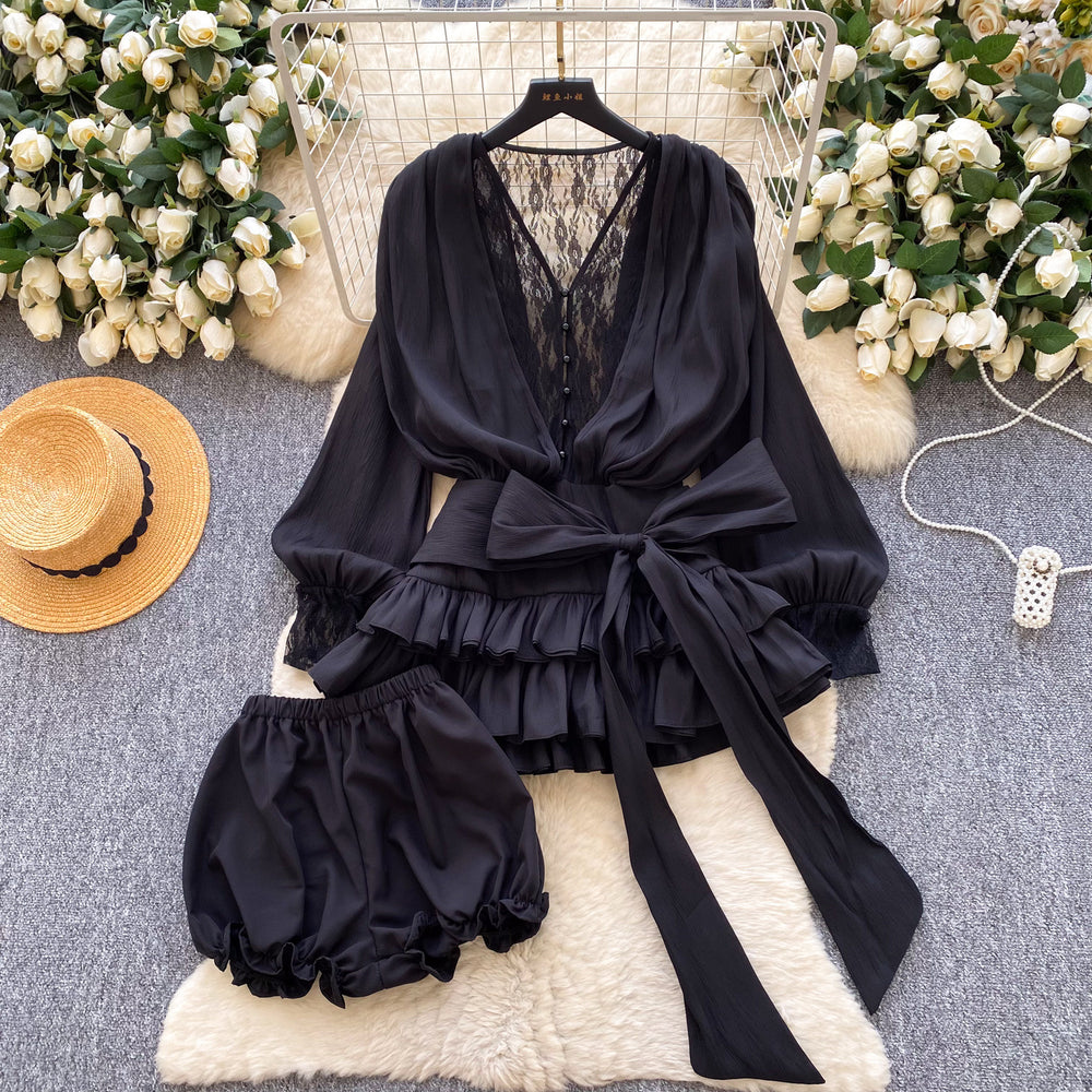Fairy atmosphere niche stylebows strap waist lacepatchworklong sleevesruffles mesh dressshorts