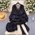 Fairy atmosphere niche stylebows strap waist lacepatchworklong sleevesruffles mesh dressshorts