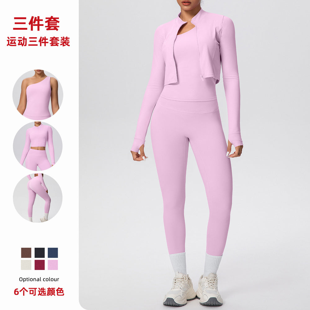 Cloud-feel quick-dry zip-up jacket high-waisted yoga leggings set - outdoor casual running fitness activewear 3-piece set