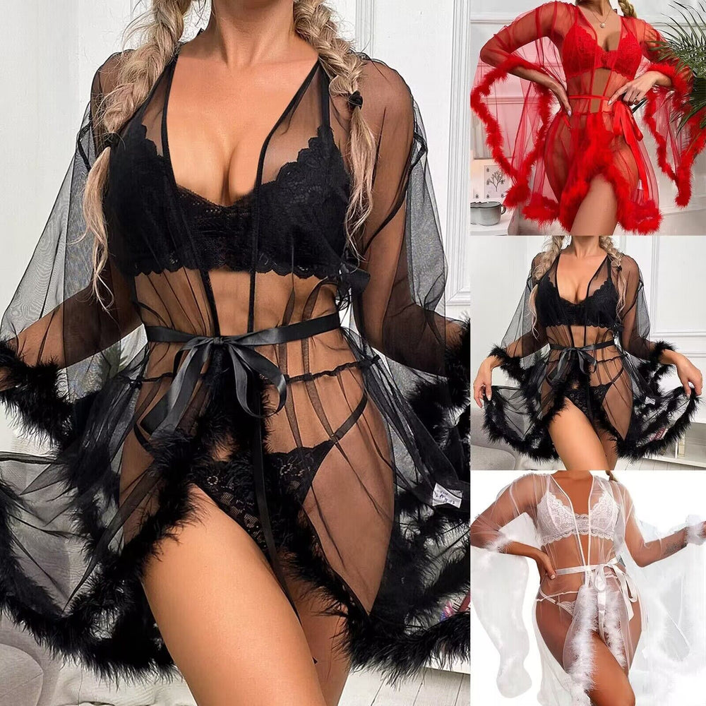 European and american plus size sexy open front see-through mesh lingerie temptation fuzzy pajamas