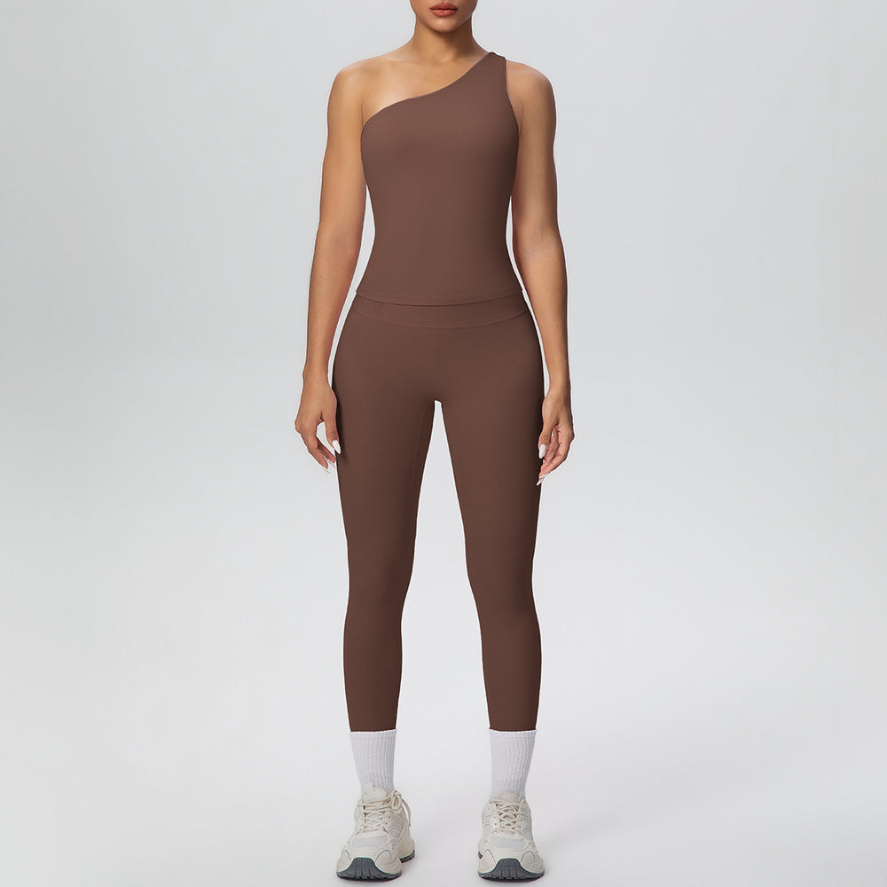 New arrival cross-border double-sided brushed nude tight one-shoulder vest sports suit running fitness yoga clothes two-piece set