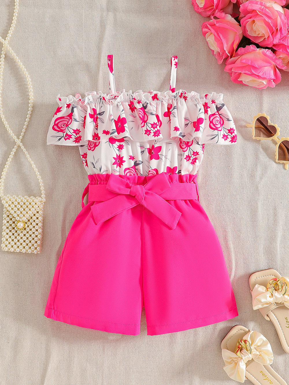 Girls' summer outfit: off-the-shoulder cami top with floral print and peach pink shorts with belt - two-piece set for export